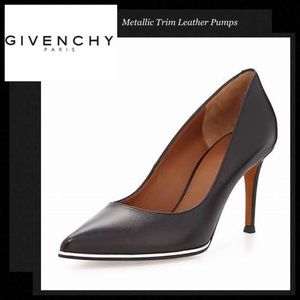 GIVENCHY Gold Metallic Trim Pointed-Toe Black Leather Pumps